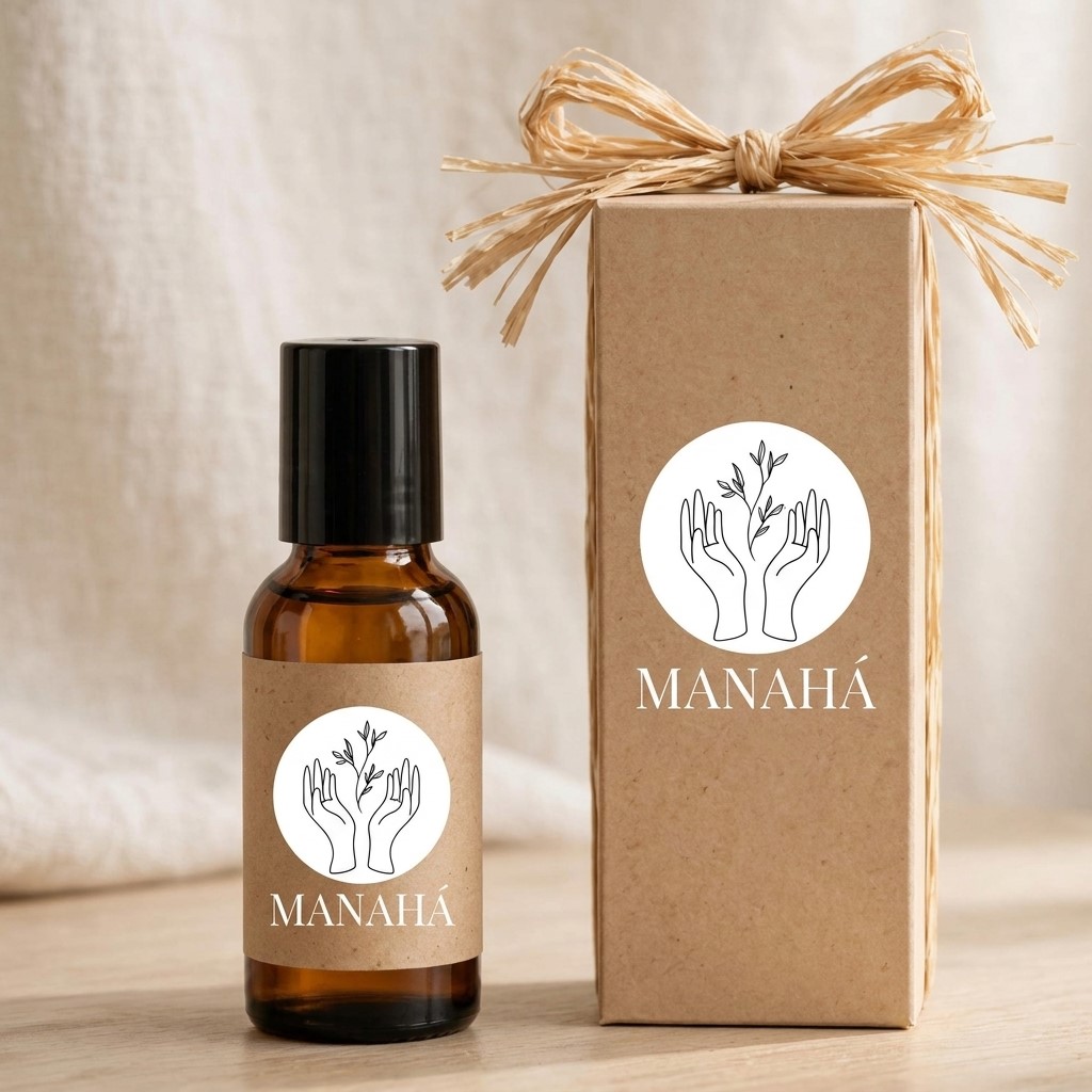 Botellas de aceites esenciales MANAHÁ con eucalipto y salvia sobre lino